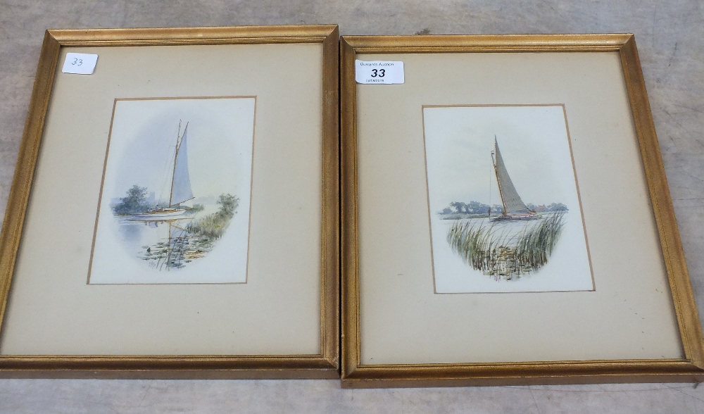 Batchelder, pair of watercolours of broadland scenes with boats, monogram,