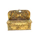 A large 19th Century Dutch hanging Brass candle box with raised back and embossed with Coat of Arms,