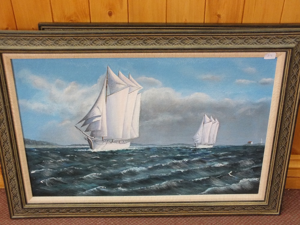 Two oils on board of a Biplane and sailing vessels