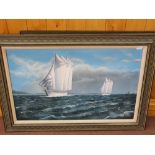 Two oils on board of a Biplane and sailing vessels