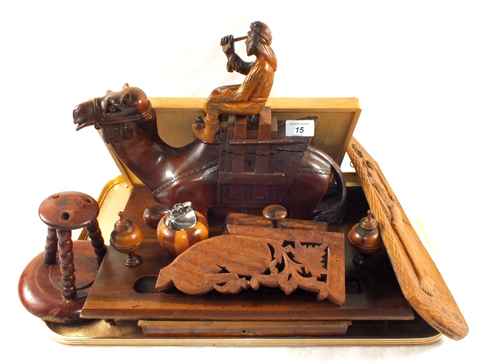 A Jerusalem wooden camel inkstand and wooden sundries