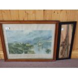 A watercolour river and village scene and a maple framed cattle print