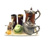 A Victorian Oak and Silver plated jug and beaker set and other items