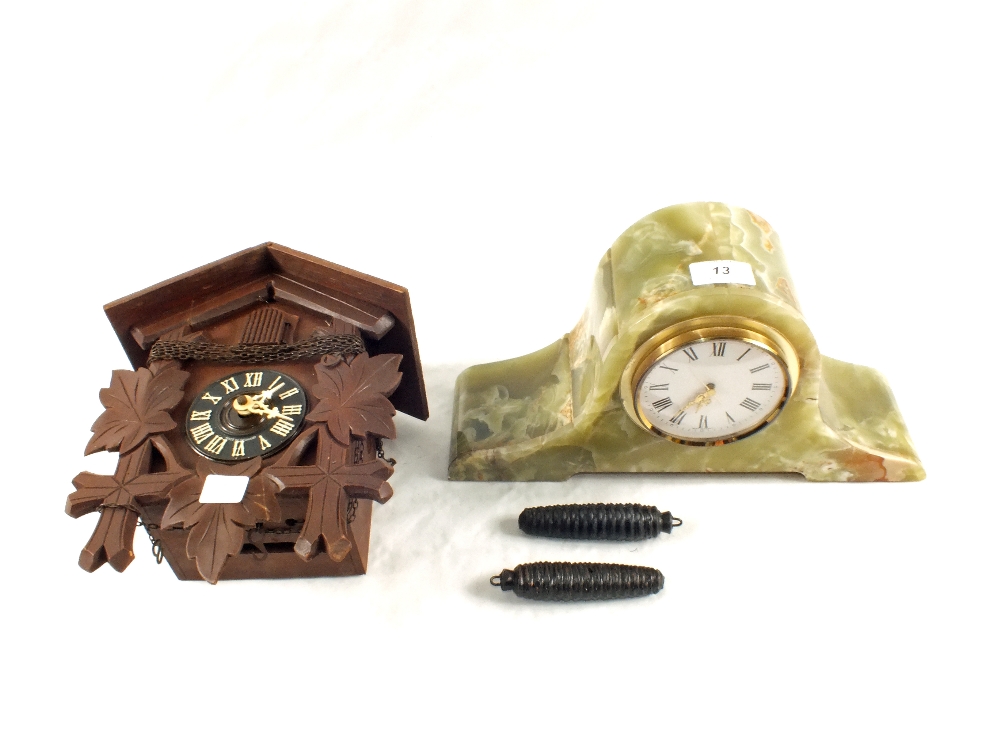 A Green Onyx style Quartz mantel clock and a cuckoo clock