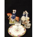 Two Victorian Staffordshire figurines (cracked) and other china and glass