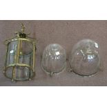 Two cut glass hall light shades and one Brass