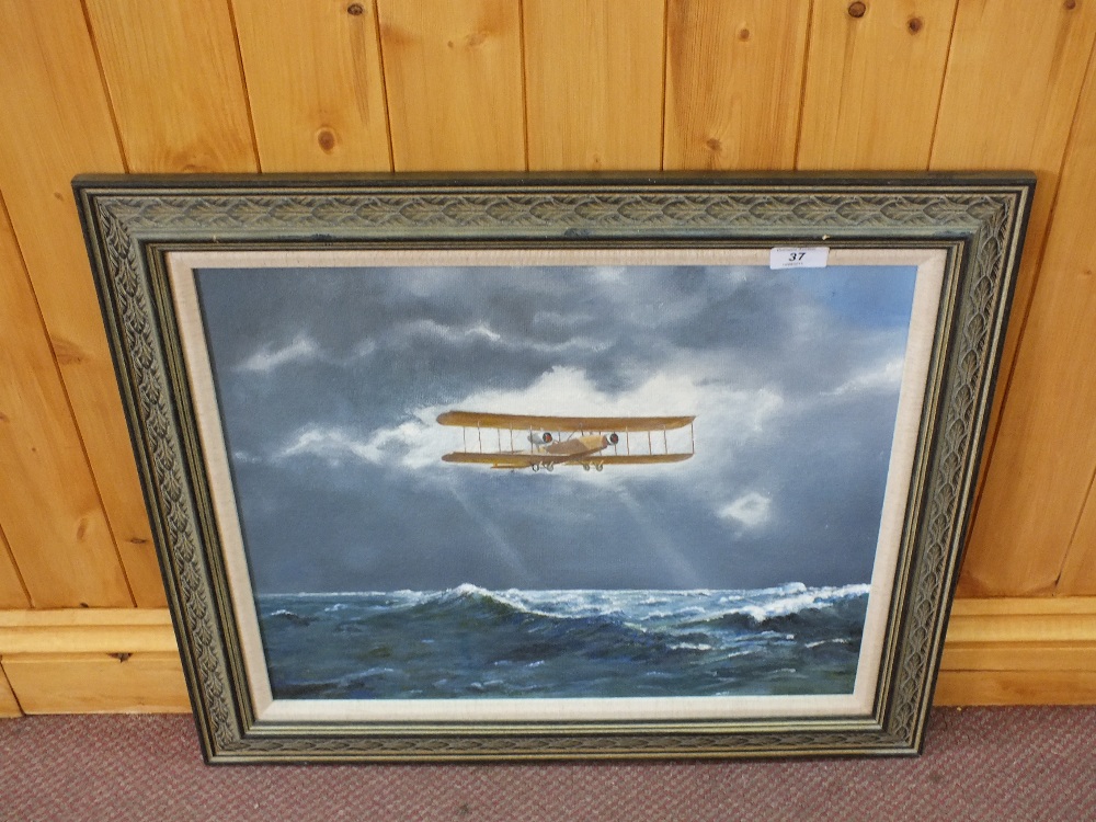 Two oils on board of a Biplane and sailing vessels - Image 2 of 2