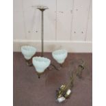 A Brass three branch light fitting and a three lamp ceiling light
