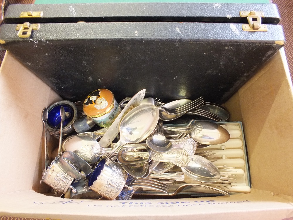 Various Silver plated cutlery etc and two Halcyon Days enamel boxes