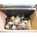 Various Silver plated cutlery etc and two Halcyon Days enamel boxes