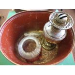 An Edwardian oil lamp (damaged shade in tin hat box), an Edwardian pine footstool,