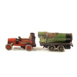 An early tin plate fire engine and Hornby 0 gauge loco