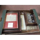 Collection of framed military photos, documents, prints and coins,