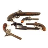 A 19th Century percussion pistol with three percussion box lock pistols and the frame of a vintage