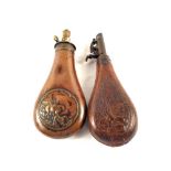 A Copper powder flask by James Dixon with an embossed leather shot flask