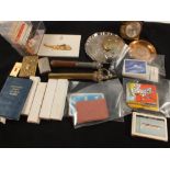 A box of ephemera including reproduction warren staff's, snuff boxes,