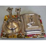 A pair of Silver plated column candlesticks,