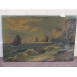 Unframed oil on canvas of a rocky shoreline with sail and row boats,