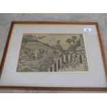 A Japanese black and white print of a domestic scene with figure and servants,