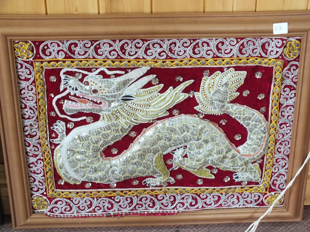 Two Chinese gilt thread dragon pictures