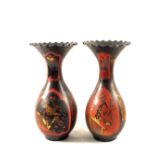 A pair of Japanese porcelain waisted frill neck vases with applied lacquer and gilt bird and floral