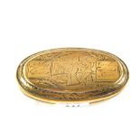 An 18th Century oval Dutch tobacco box with figure and house decoration and calligraphy