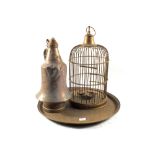 A Brass bird cage an Eastern Brass tray and a Copper jug