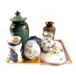 A green Sylvac lidded pheasant vase and other china