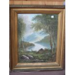 A pair of gilt frame colour prints of lake scenes with fisherman,