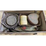 A leather trunk containing various vintage Canadian first settler basket work, Homalco Tribe,