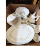 A Johnson Bros Eternal Beau pattern tea/dinner set and a quantity of glasses (two boxes)