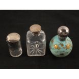 A blue and gilt Burmese glass scent bottle with Silver top and two others