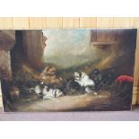 Frank Cassell, pair of unframed oils on canvas of dogs at play,