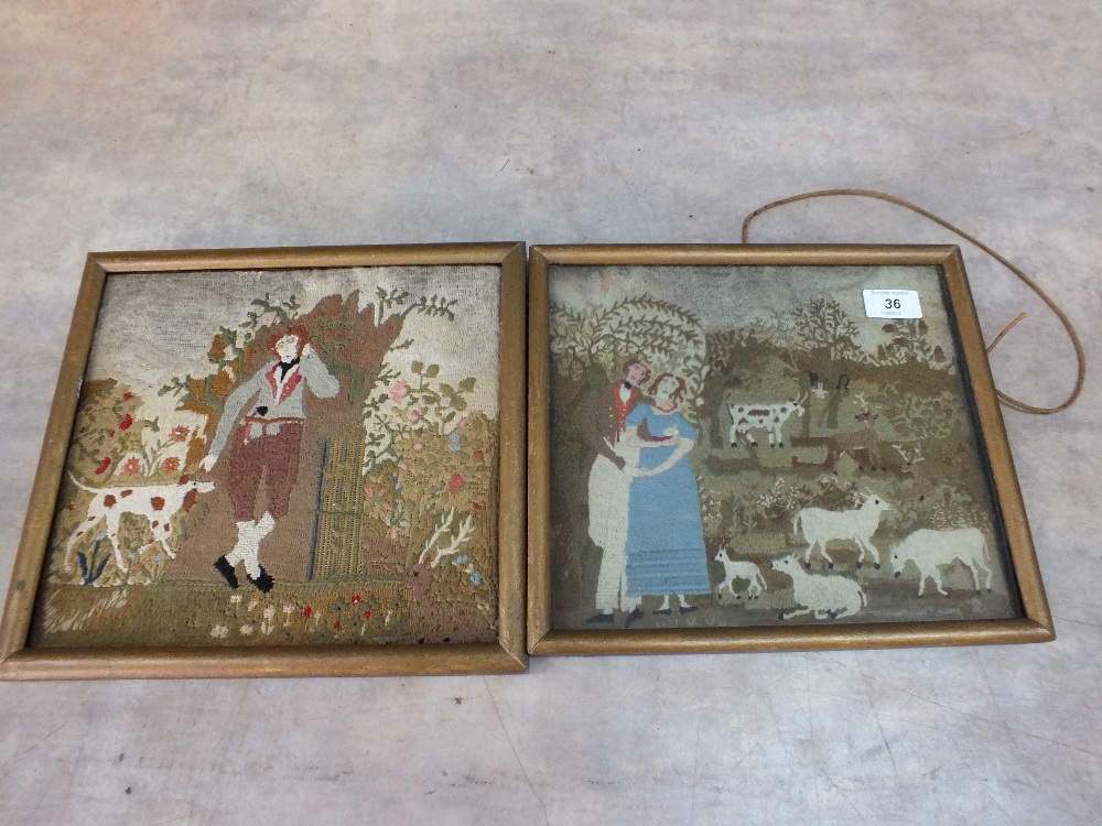 A pair of 19th Century woolwork pictures, Shepherd and Shepherdess,