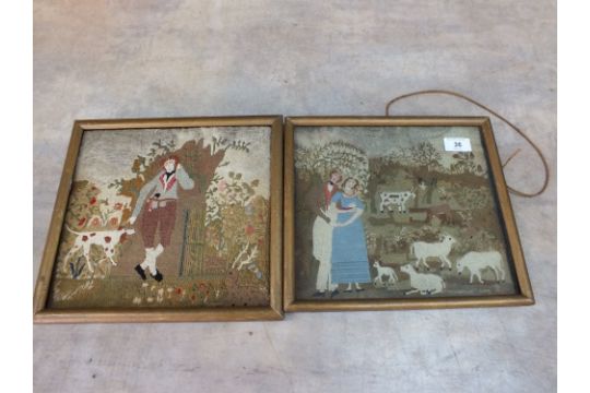 A pair of 19th Century woolwork pictures, Shepherd and Shepherdess,