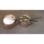 A pair of heavy 19th Century Copper saucepans and lids with iron handles,