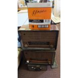 A Brass fender, firescreen, Mahogany swing mirror, two mains radios,