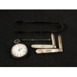A lady's Silver pocket watch, two fruit knives,