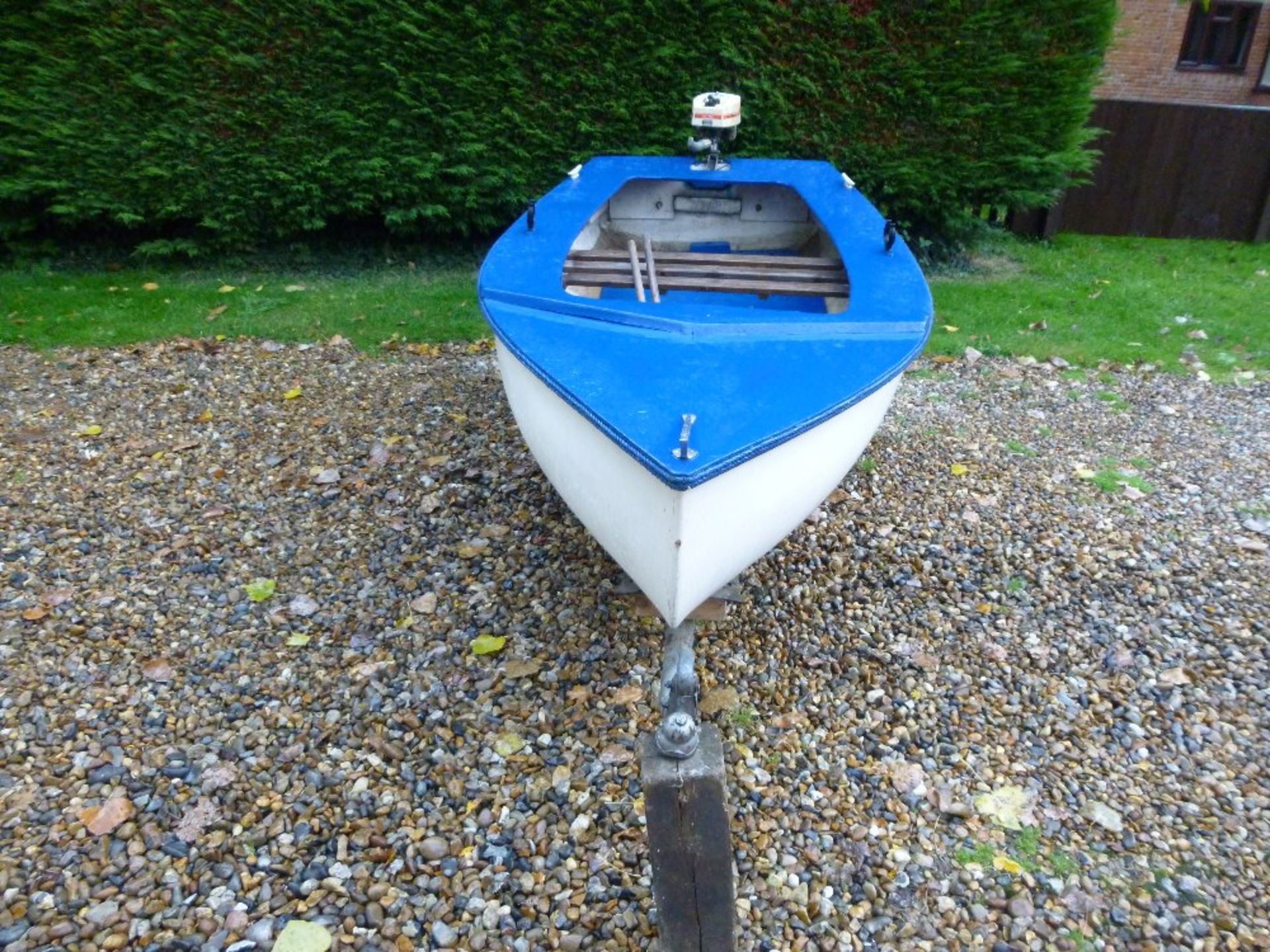 8' Fibreglass Dinghy, trailer, handbook, 2 oars. Tao TB 12 B outboard motor. Advised working order. - Image 4 of 5