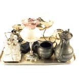 A Silver plated four bottle cruet set and other plated wares plus two flat irons