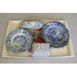 Various 19th Century and other blue and white plates and two soap dishes (some damage)