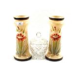 A pair of Victorian opal glass vases and a cut glass sucrier