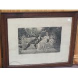 A maple framed religious print, an Edwardian print of a courting couple,