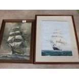 An oil on canvas and a watercolour of sailing ships