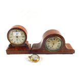 A railway timekeeper pocket watch by Tope and two small inlaid wooden mantel clocks