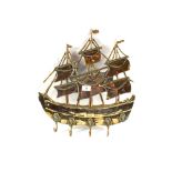 A heavy 19th Century Brass coat rack in the form of a galleon with five hooks (one as found)