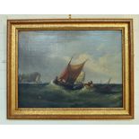 Unsigned oil on canvas of sail boats in rough seas of the coast,