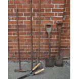 Garden tools to include, two spades, hoe, rake,