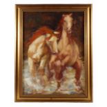 Marietta Lopes, signed and dated 88, oil on canvas of Horses in Water,