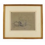 James Stark (1754-1859), attributed, pencil sketch of cottages in landscape,